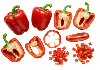Meticulously arranged vibrant red bell peppers, whole, halved, sliced, and diced, with green stems on a transparent background, studio flat lay, promoting healthy food concept