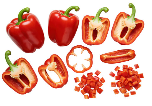 Meticulously arranged vibrant red bell peppers, whole, halved, sliced, and diced, with green stems on a transparent background, studio flat lay, promoting healthy food concept