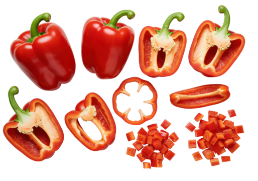 Meticulously arranged vibrant red bell peppers, whole, halved, sliced, and diced, with green stems on a transparent background, studio flat lay, promoting healthy food concept