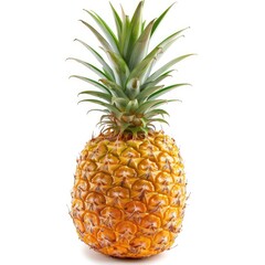 Ripe yellow pineapple with vibrant green crown, isolated on white