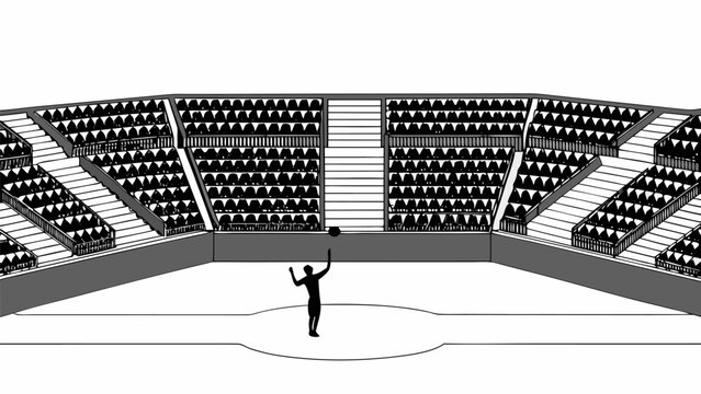 Illustration of a volleyball player in an arena with tiered seating and a minimalistic black and white design silhouette