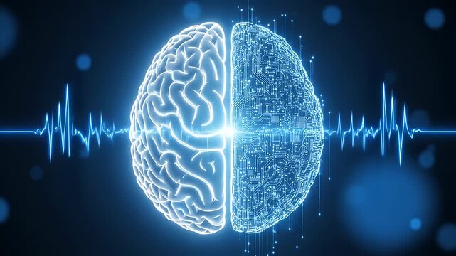 Concept of left and right brain hemispheres with logic and creativity glowing on a blue background.