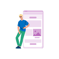 Young man standing next to giant smartphone with website or blog displayed on screen