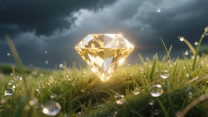 A radiant yellow diamond gleams on dew-covered grass under a dramatic sky.