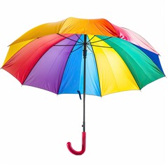 A vibrant, colorful umbrella with a rainbow design, open and isolated on a white background.  The umbrella's ribs and handle are dark