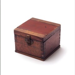 Small, rectangular wooden box with a reddish-brown painted top and sides.  A brass clasp is visible