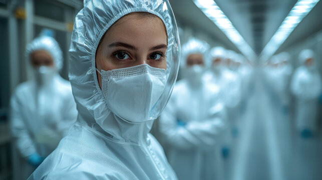 In a pristine white chamber, a scientist, clad in a protective coverall suit, meticulously manipulates microscopic semiconductors and nanomaterials, the future of technology unfolding before 