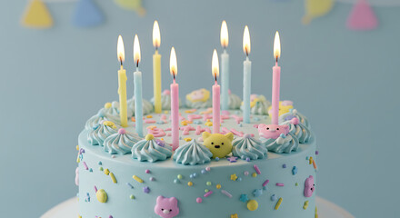 Pastel Birthday Cake with Lit Candles and Sprinkles