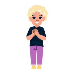 Blond boy expressing gratitude with hands on chest