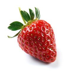 Single, vibrant red strawberry with green leaves (43)