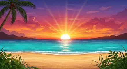 Tropical Sunset Radiance: Digital Painting