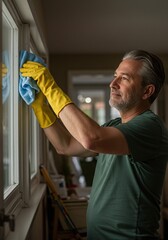 Mature man in yellow gloves cleaning window with blue cloth, domestic chores, home maintenance and upkeep, creating a sparkling clean living space with attention to detail