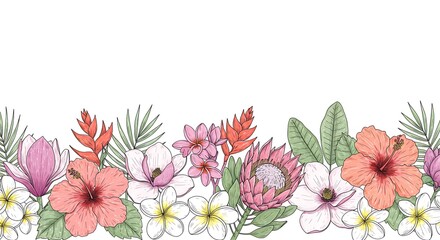 Tropical Bloom: Hand-Drawn Floral Border