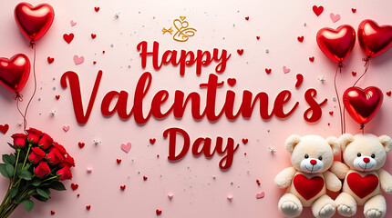  Valentine’s Day themed with red hearts, teddy bears, and "Happy Valentine’s Day" in bold red lettering; HD: Bright white background, festive red accents, and love-themed icons.