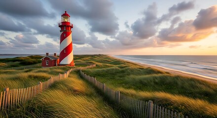 The rubjerg knude lighthouse stands tall against a backdrop of a dramatic sky at sunset, its red and white stripes contrasting beautifully with the surrounding dunes and the vast expanse of the sea