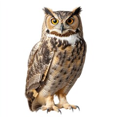 Great horned owl, full body shot, centered against white background.  Features sharp eyes, feathered body, and distinctive brown and beige plumage