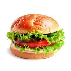 A single, fresh-looking hamburger on a white background
