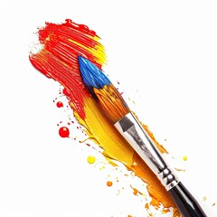 Paintbrush with vibrant red, yellow, and blue paint streaks on white background