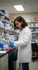 Focused researcher performs vital experiments in a cutting-edge laboratory, carefully analyzing cell cultures to drive scientific progress and unlock new breakthroughs