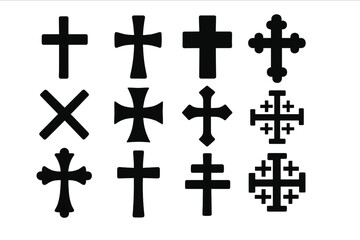 Christian cross icon set. Collection of various religious symbols. Latin, Greek, Jerusalem cross. Faith, spirituality, crucifix sign. Church logo element. Black silhouettes.
