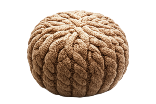 Knit pouf in braided pattern, cozy sphere on transparent background