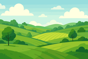Obraz premium Green agricultural farm landscape with fields and meadows. Summer rural nature background with rolling hills, trees, and sky. Vector cartoon graphic for eco or organic concepts.