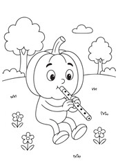 coloring book pumpkin playing flute in the park.