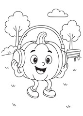 coloring book pumpkin listening to music with headphones.