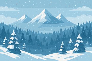 Winter mountain landscape with snowy forest and falling snow. Christmas holiday background concept. Vector illustration of a beautiful scenic view with pine trees and peaks.