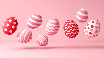 Colorful Easter eggs with fun patterns, pink background