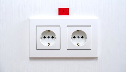 Close-up of Modern White Electrical Outlets and a Red Switch on a Light Wood Wall
