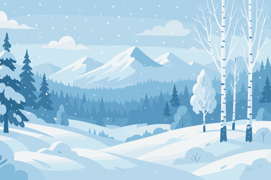 Winter panoramic natural landscape vector illustration. Beautiful scene with snow-covered mountains, forest, fields with snowdrifts, pine, birch, and spruce trees. Snowy weather.