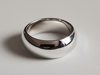 Sleek polished silver ring on a smooth, minimalist background.