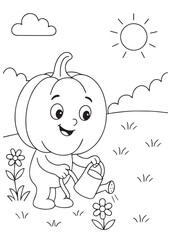 coloring book pumpkin watering flowers in the garden.