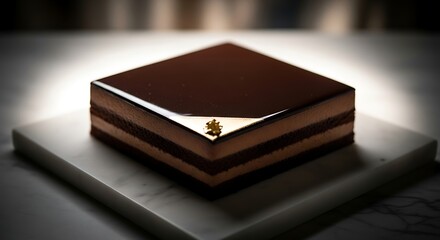 Elegant Square Layered Chocolate Mousse Cake with a Glossy Glaze.