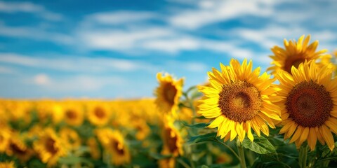Obraz premium The Sunflower Field at Golden Hour Under a Bright Blue Sky with Bokeh