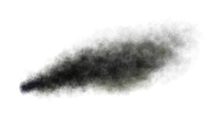 Dense smoky exhaust trail in shades of black, resembling emission from jet aircraft, car, or motorcycle. Isolated. Perfect for visual effects or compositions.