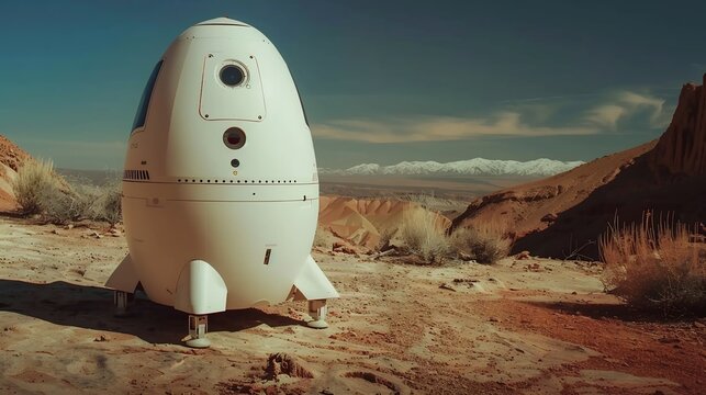 Futuristic white space landing capsule or habitat in a red desert landscape