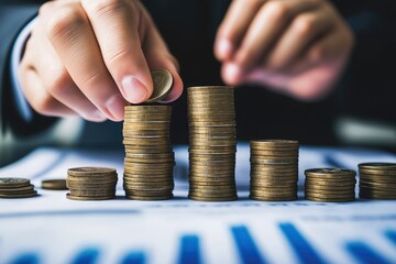 Businessman's hand adding coins to stacks on online bar graph background symbolizing business growth financial success and marketing progress in sales