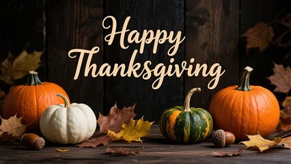 Happy Thanksgiving greeting with pumpkins, gourds, and autumn leaves on a wooden background