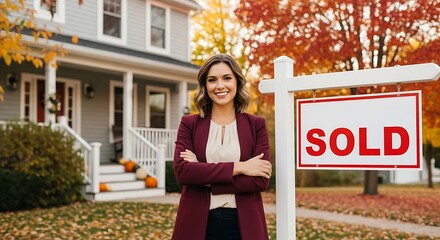 Confident real estate agent standing in front of a beautiful house with a sold sign, showcasing her success in helping clients achieve their homeownership dreams and financial goals