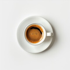 Overhead view of a single cup of dark espresso, sitting on a white saucer, against a plain white background