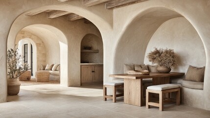 Fototapeta premium Beige-toned interior design featuring arched doorways and a wooden dining area.