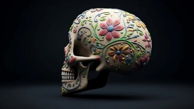 An intricately decorated skull, showcasing vibrant floral patterns and detailed carvings, set against a dark background, creating a striking visual.