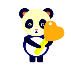 The image displays a cute, simplified illustration of a panda holding a heart-shaped lollipop