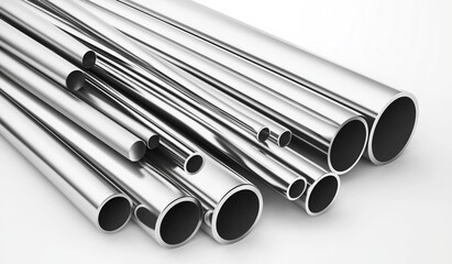 Sleek stainless steel pipes arranged on white background for modern metal and construction themed designs showcasing industrial elegance and durability