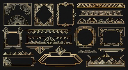 A collection of golden art deco frames and borders on a black background, showcasing vintage design elements and geometric patterns in an elegant and luxurious style