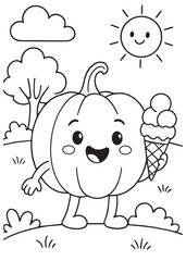 coloring book pumpkin eating ice cream in the park.
