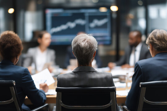 Group of finance experts engaged in roundtable discussion, viewed from back, with focus on senior individual. large screen displays financial graphs, creating professional atmosphere - Powered by Adobe