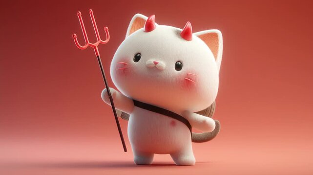 Cute devil cat cartoon with red horn trident white fur pink blush playful mood 3D render smiling